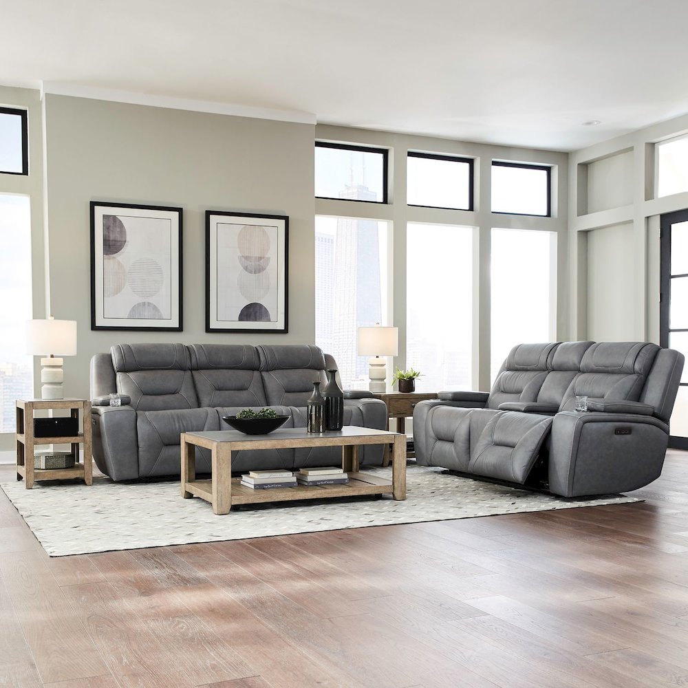 Power Recline Sofa & Loveseat with Charging Ports - Aline Blue Gray Leather