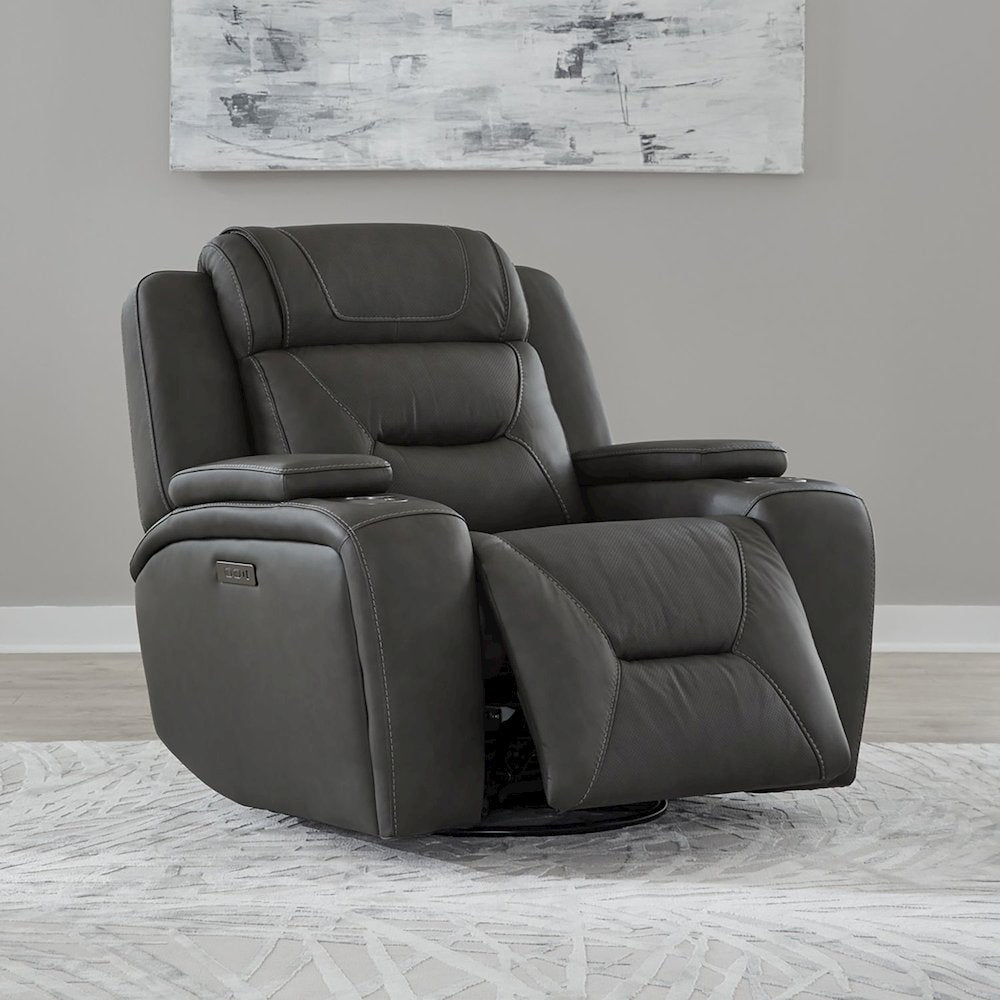 Recliner Armchair with Power Recliner, Charging Port - Aline Coal Gray Leather
