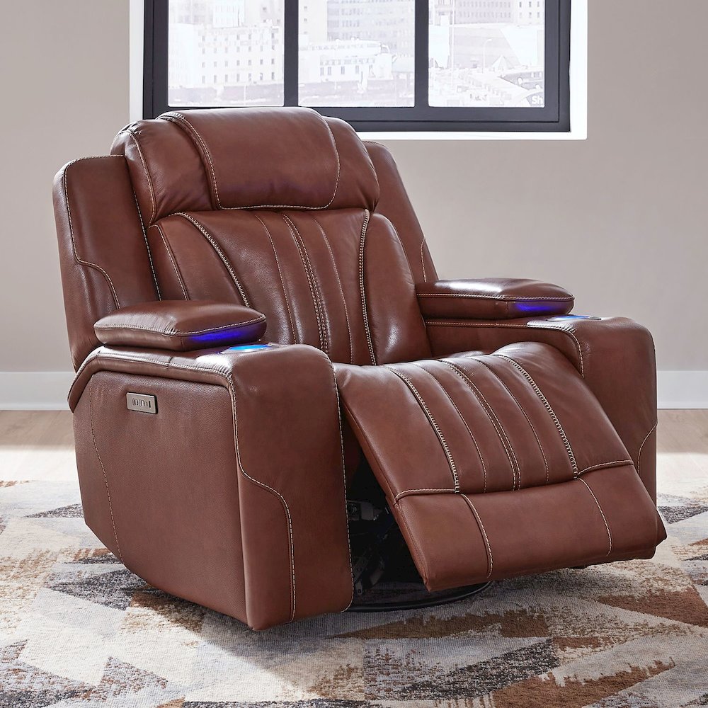 Recliner Armchair with Power Recline, Charging Port - Nature Chestnut Leather