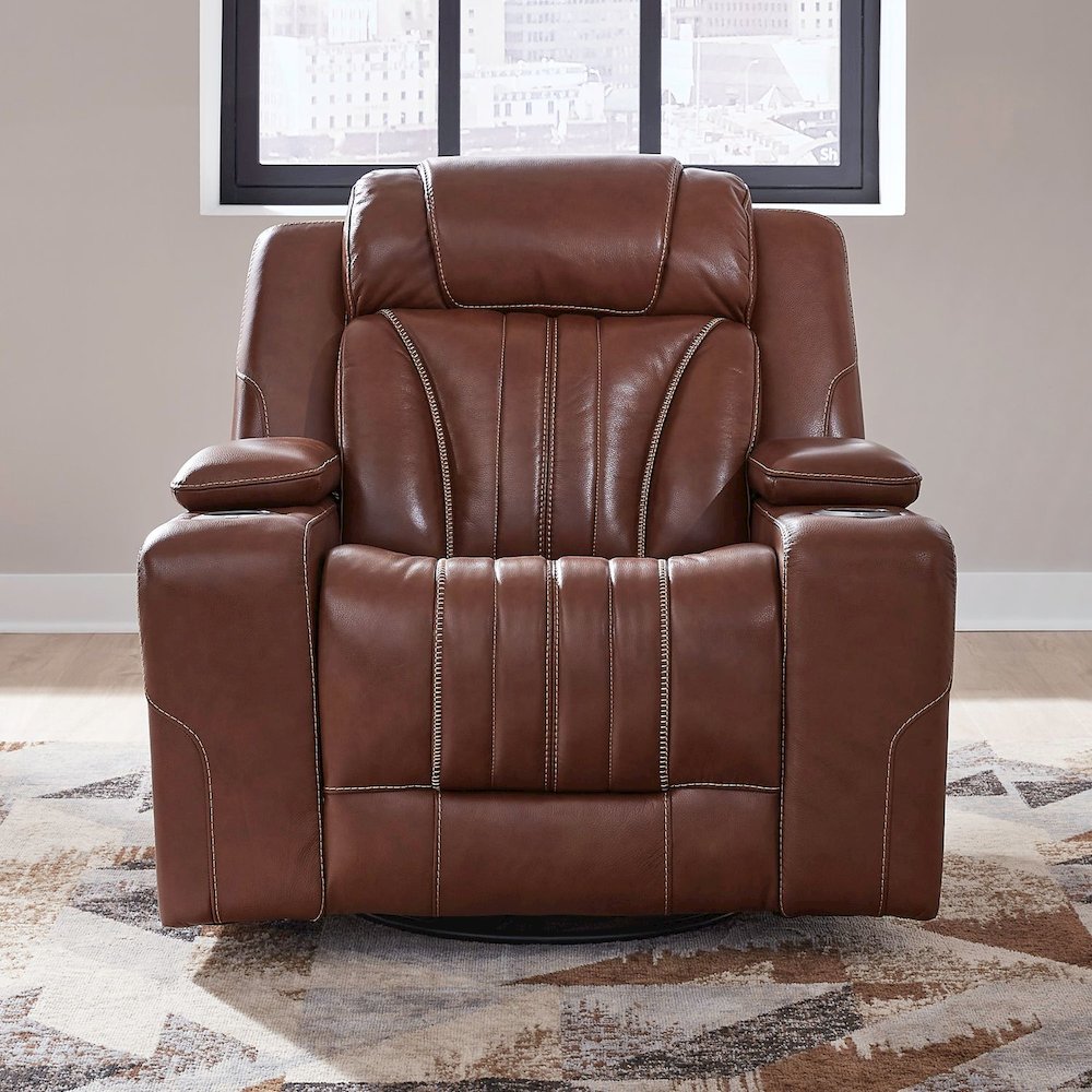 Recliner Armchair with Power Recline, Charging Port - Nature Chestnut Leather
