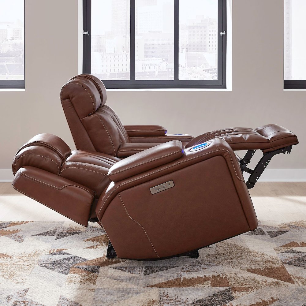 Power Recline Loveseat with Console, Charging Ports  - Nature Chestnut Leather