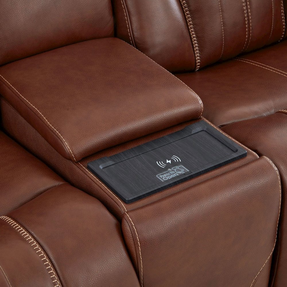Power Recline Loveseat with Console, Charging Ports  - Nature Chestnut Leather