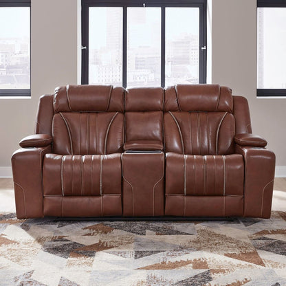 Power Recline Loveseat with Console, Charging Ports  - Nature Chestnut Leather
