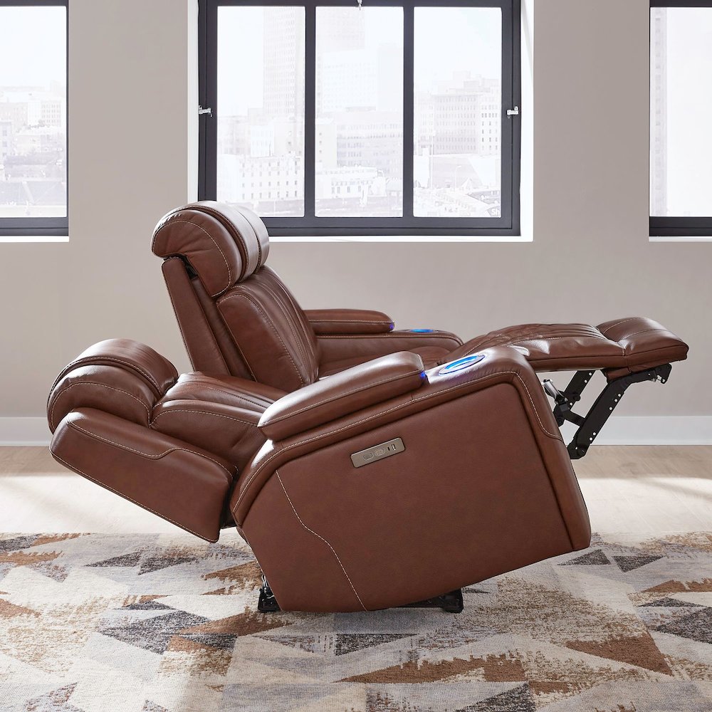 Sofa with Console, Charging Ports - Nature Chestnut Leather