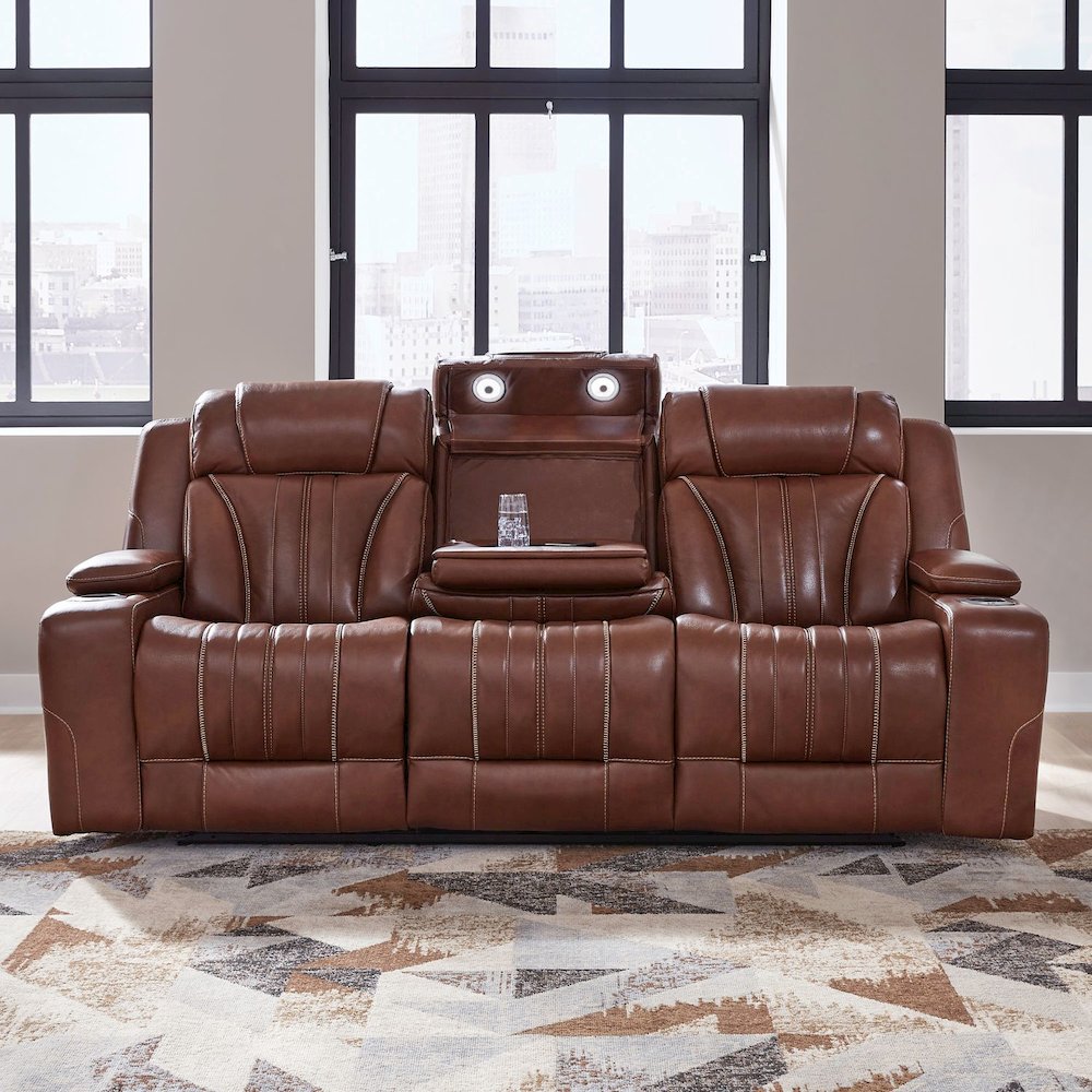 Sofa with Console, Charging Ports - Nature Chestnut Leather