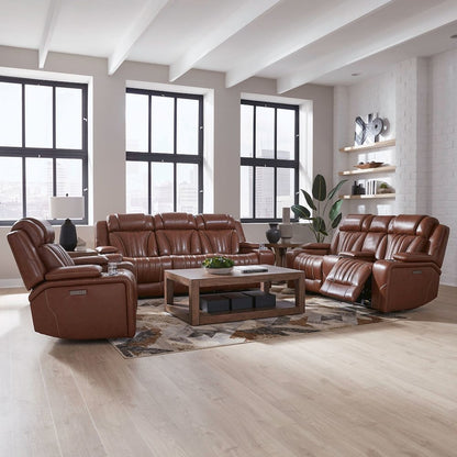 Power Recline Sofa, Loveseat & Recliner w Charging Ports-Nature Chestnut Leather