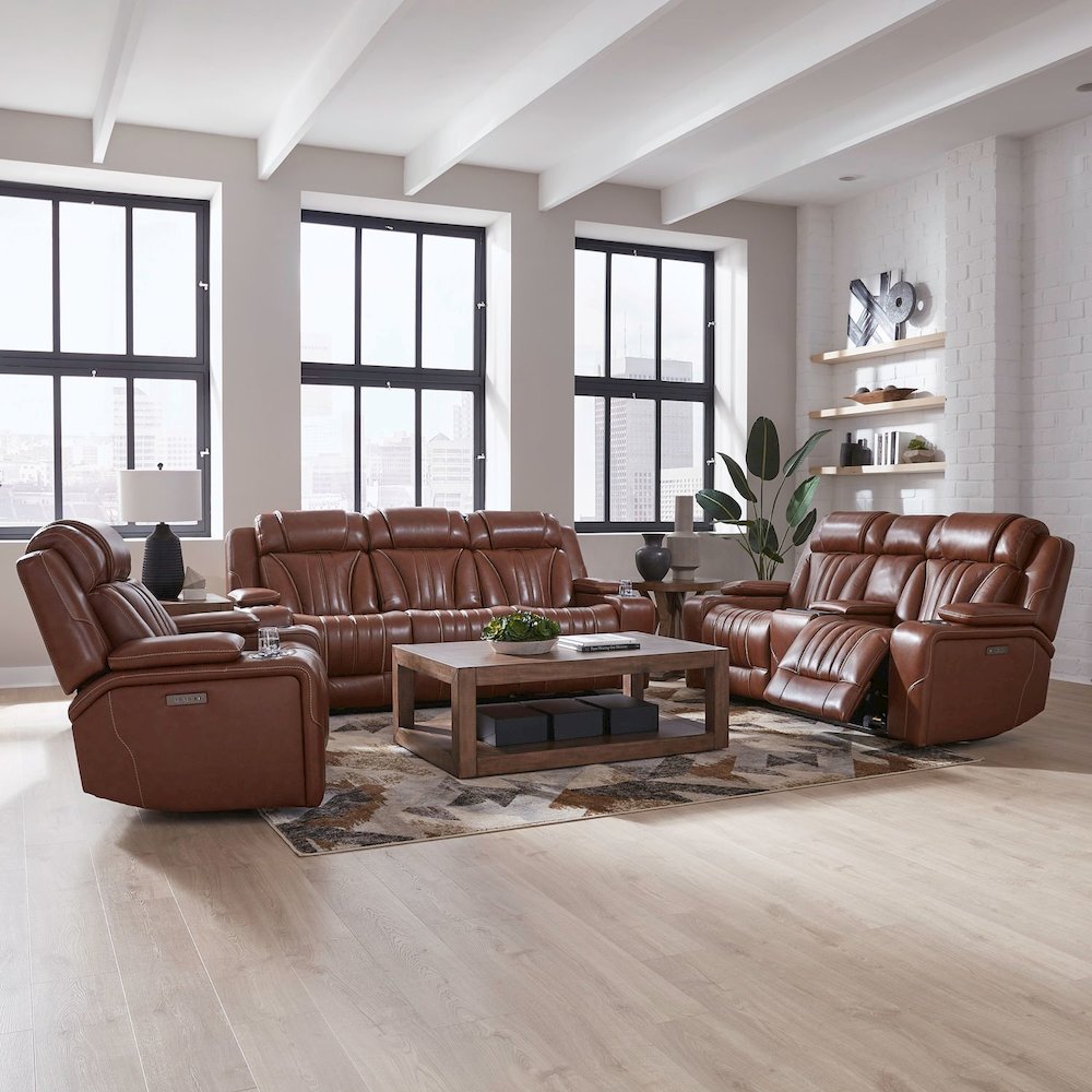 Power Recline Sofa, Loveseat & Recliner w Charging Ports-Nature Chestnut Leather