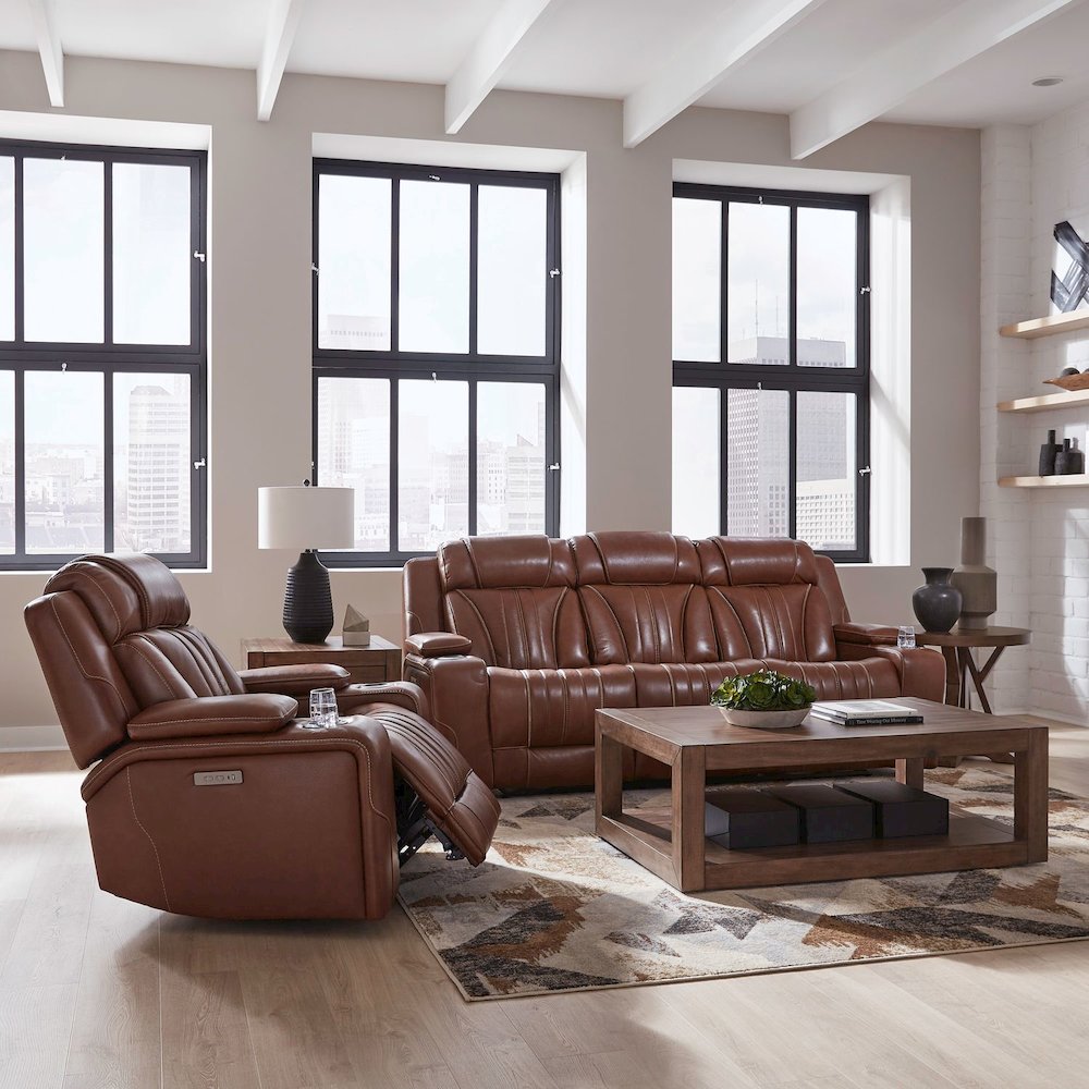 Power Recline Sofa & Recliner with Charging Ports - Nature Chestnut Leather