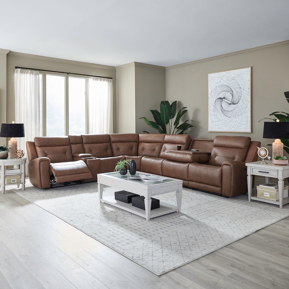 Beckham Power Reclining 7 Piece Sectional Sofa - Aline Saddle Brown Leather