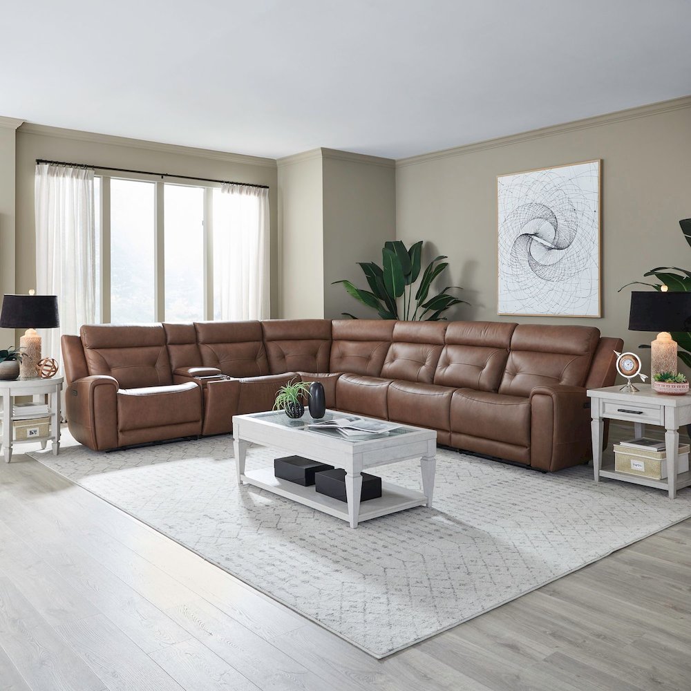Beckham Power Reclining 7 Piece Sectional Sofa - Aline Saddle Brown Leather