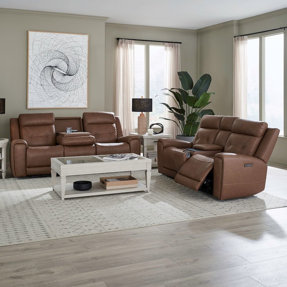 Beckham Power Recline Set with Sofa & Loveseat - Aline Saddle Brown Leather