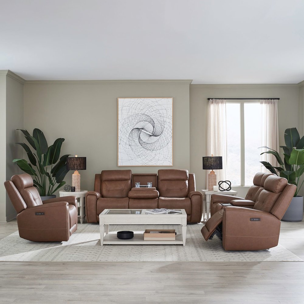 Beckham Recline Set with Sofa, Loveseat & Recliner - Aline Saddle Brown Leather