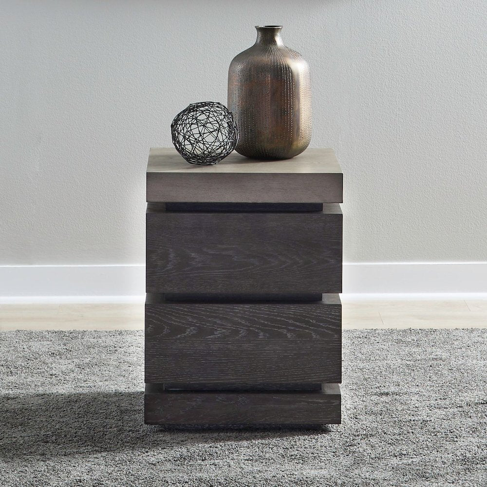 Piedmont Chairside Table, Hidden Drawers - Charcoal with Ash Tops Oak Wood