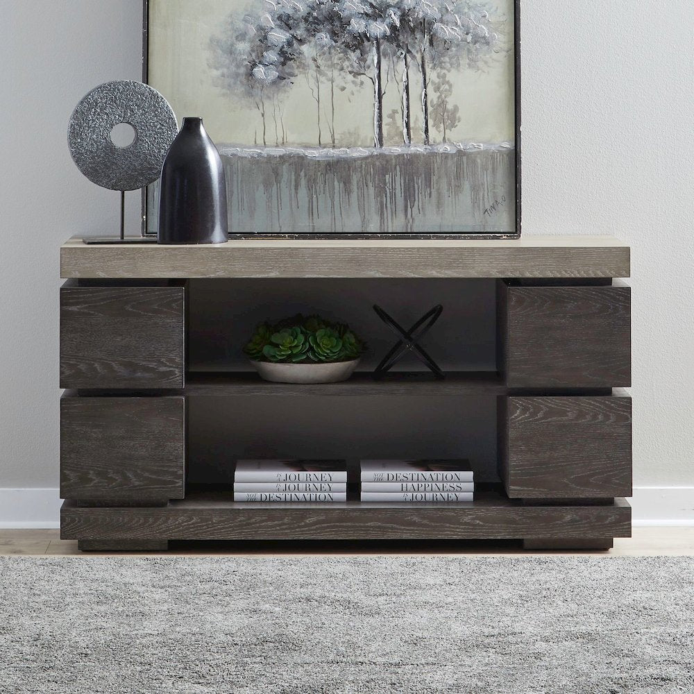 Piedmont Sofa Table, Hidden Drawers - Charcoal with Ash Tops Oak Wood