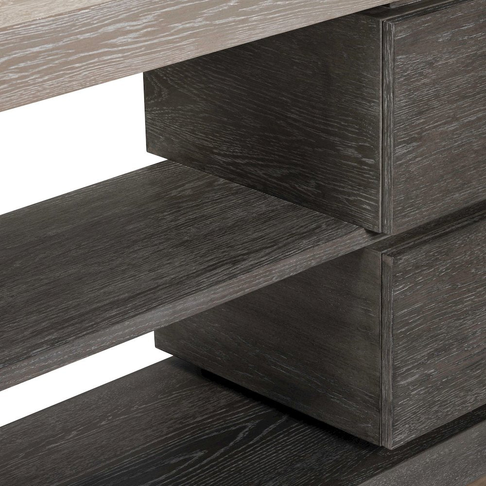 Piedmont 84 Inch TV Console, Floating Shelf - Charcoal with Ash Tops Oak