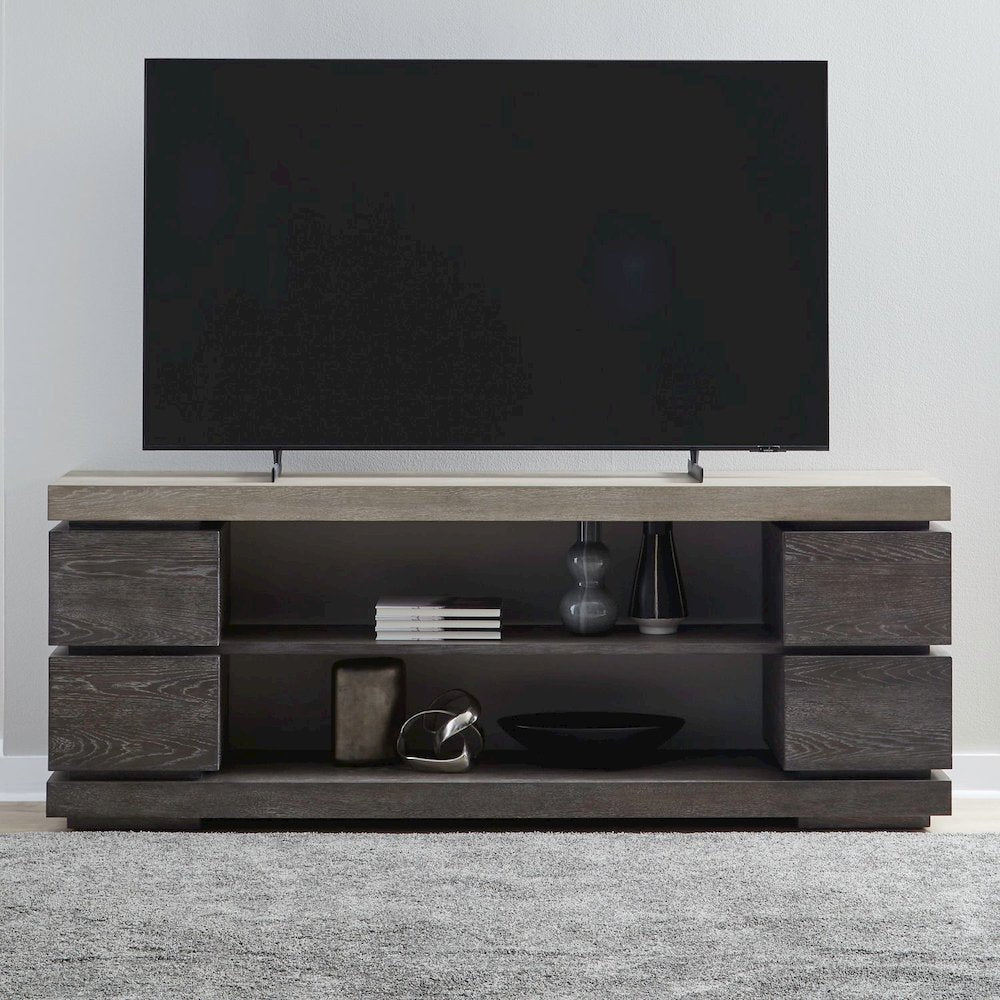 Piedmont 84 Inch TV Console, Floating Shelf - Charcoal with Ash Tops Oak