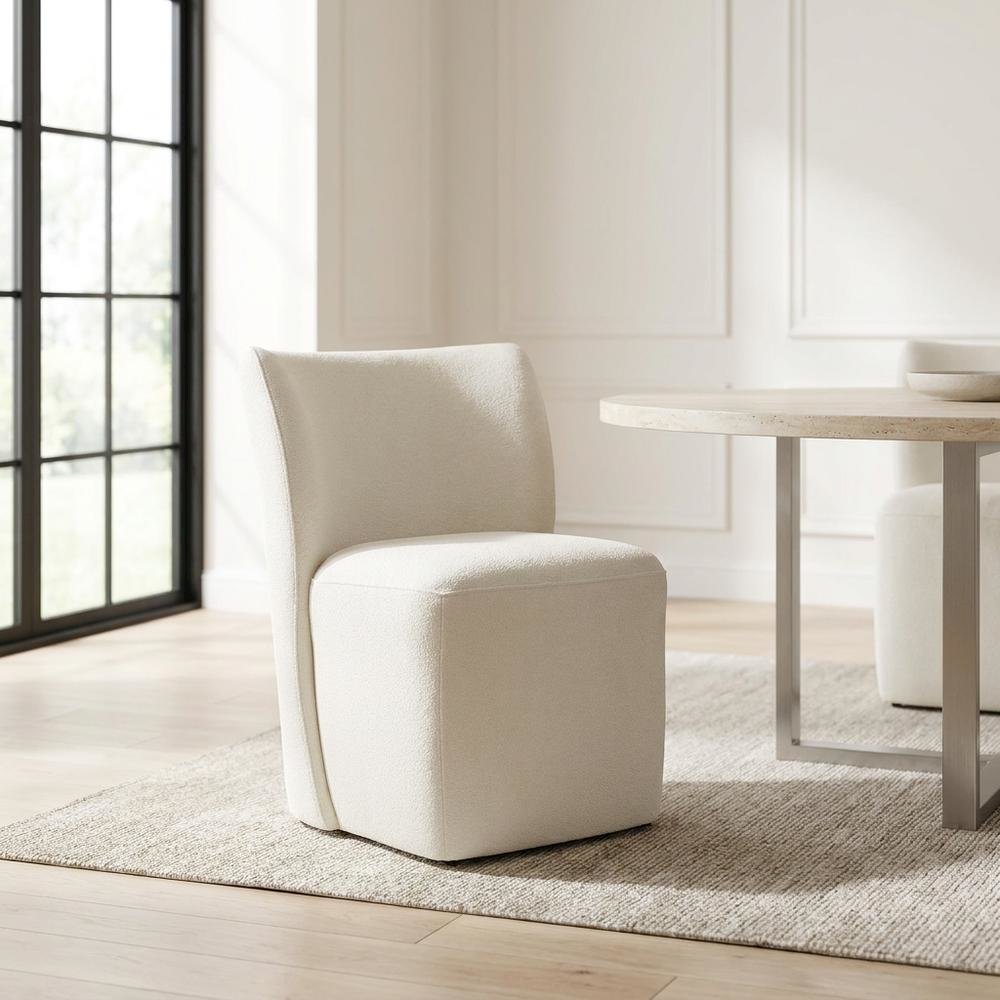Solid Wood Upholstered Accent Dining Chair with Castors, Eclectic Style, White