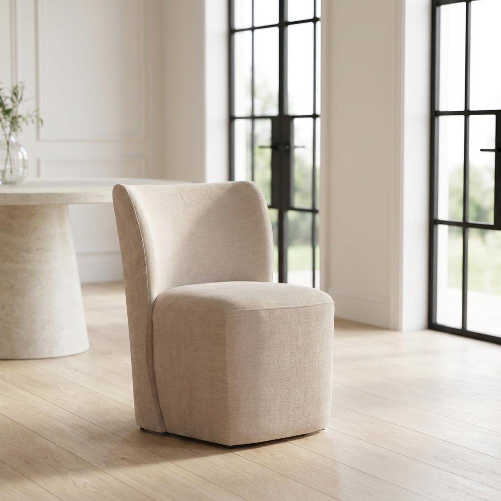 Solid Wood Upholstered Accent Dining Chair with Castors, Eclectic Style, Brown