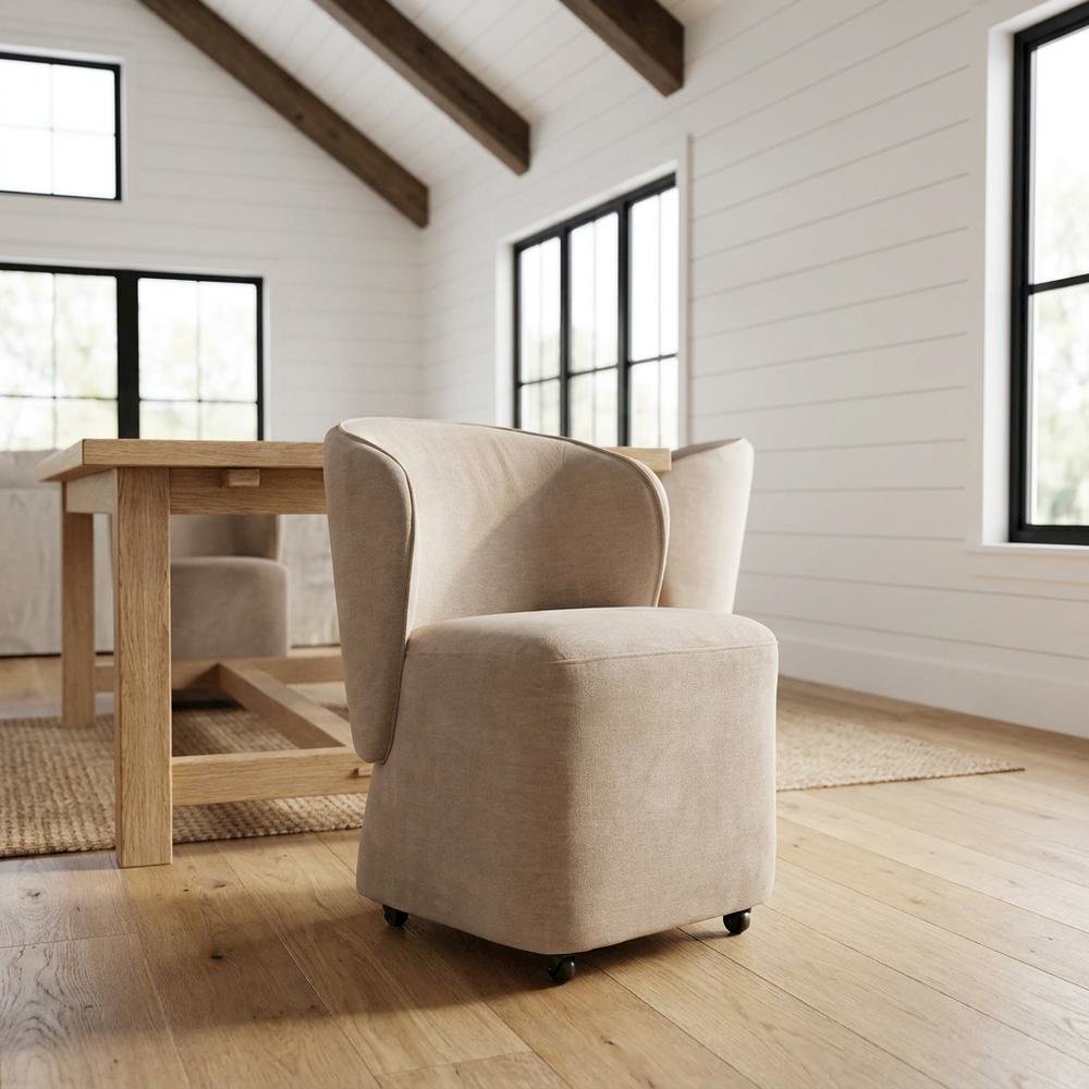 Solid Wood Upholstered Accent Dining Chair with Castors, Eclectic Style, Brown