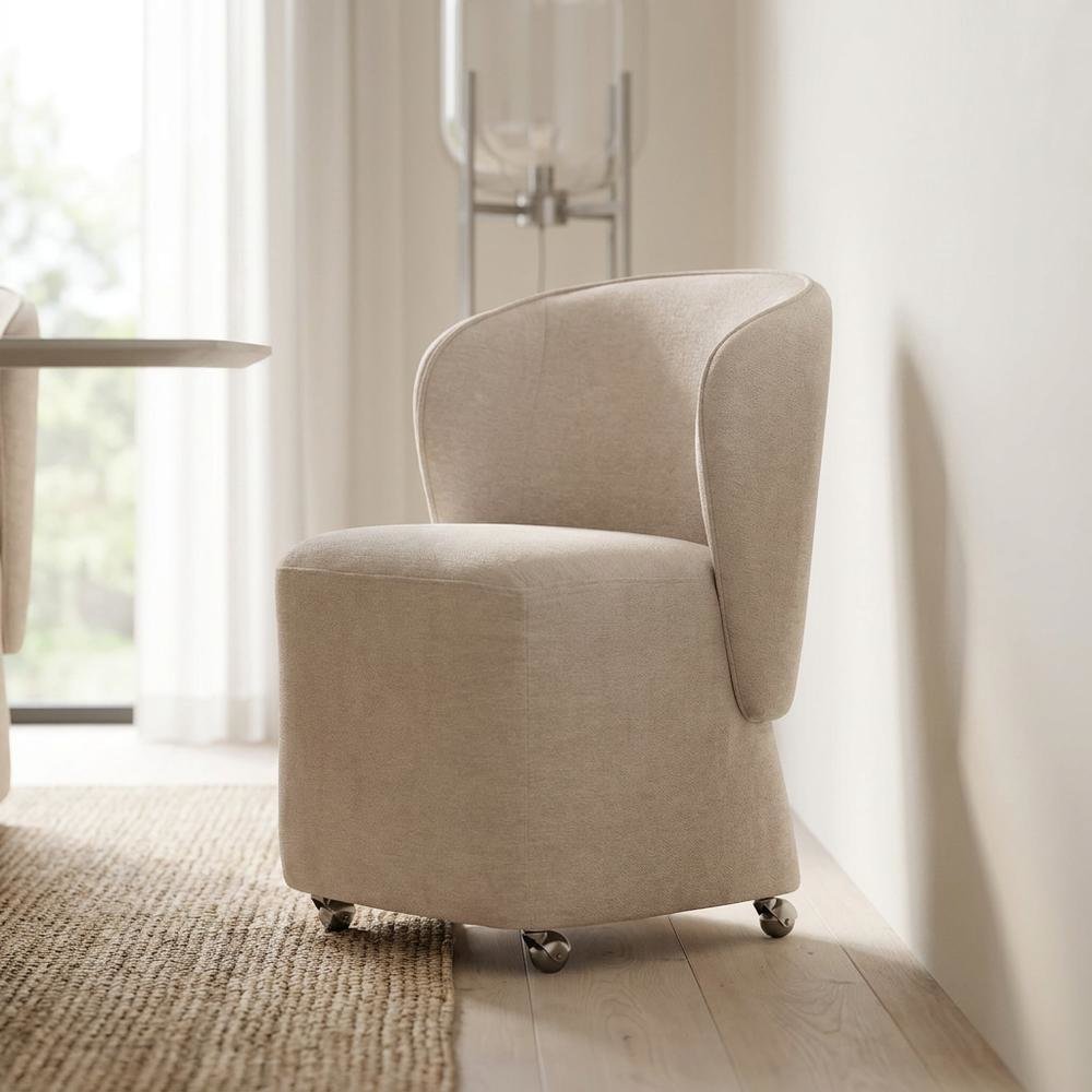 Solid Wood Upholstered Accent Dining Chair with Castors, Eclectic Style, Brown