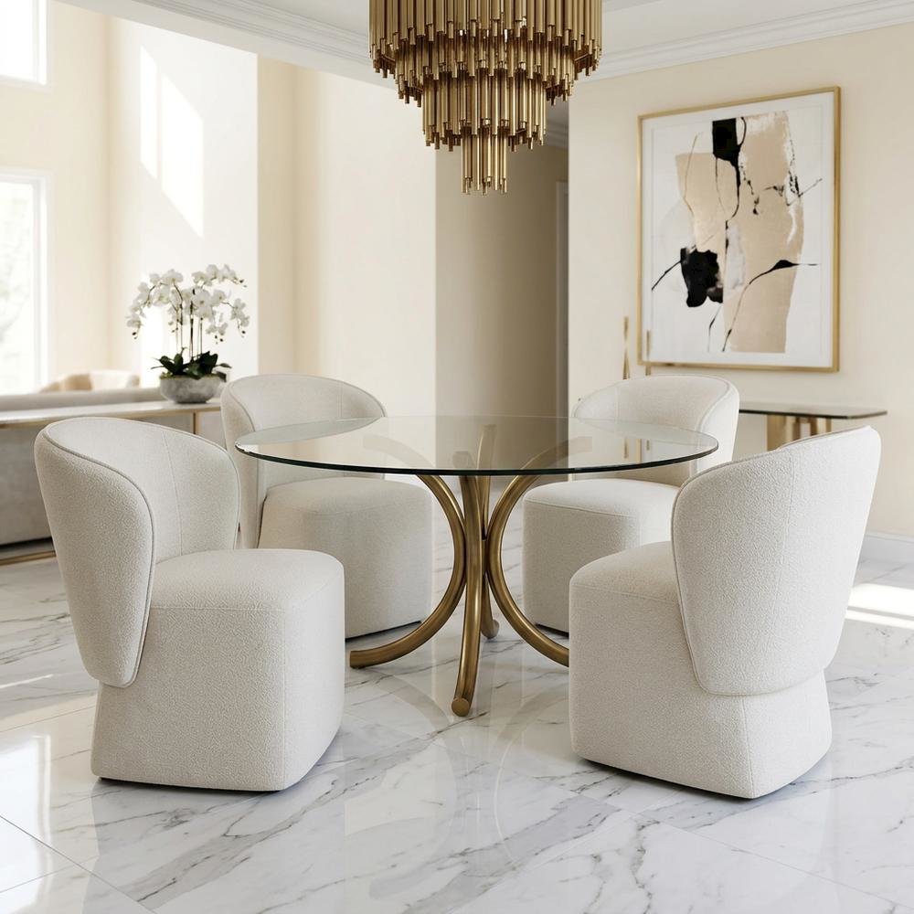 Solid Wood Upholstered Accent Dining Chair with Castors, Eclectic Style, White