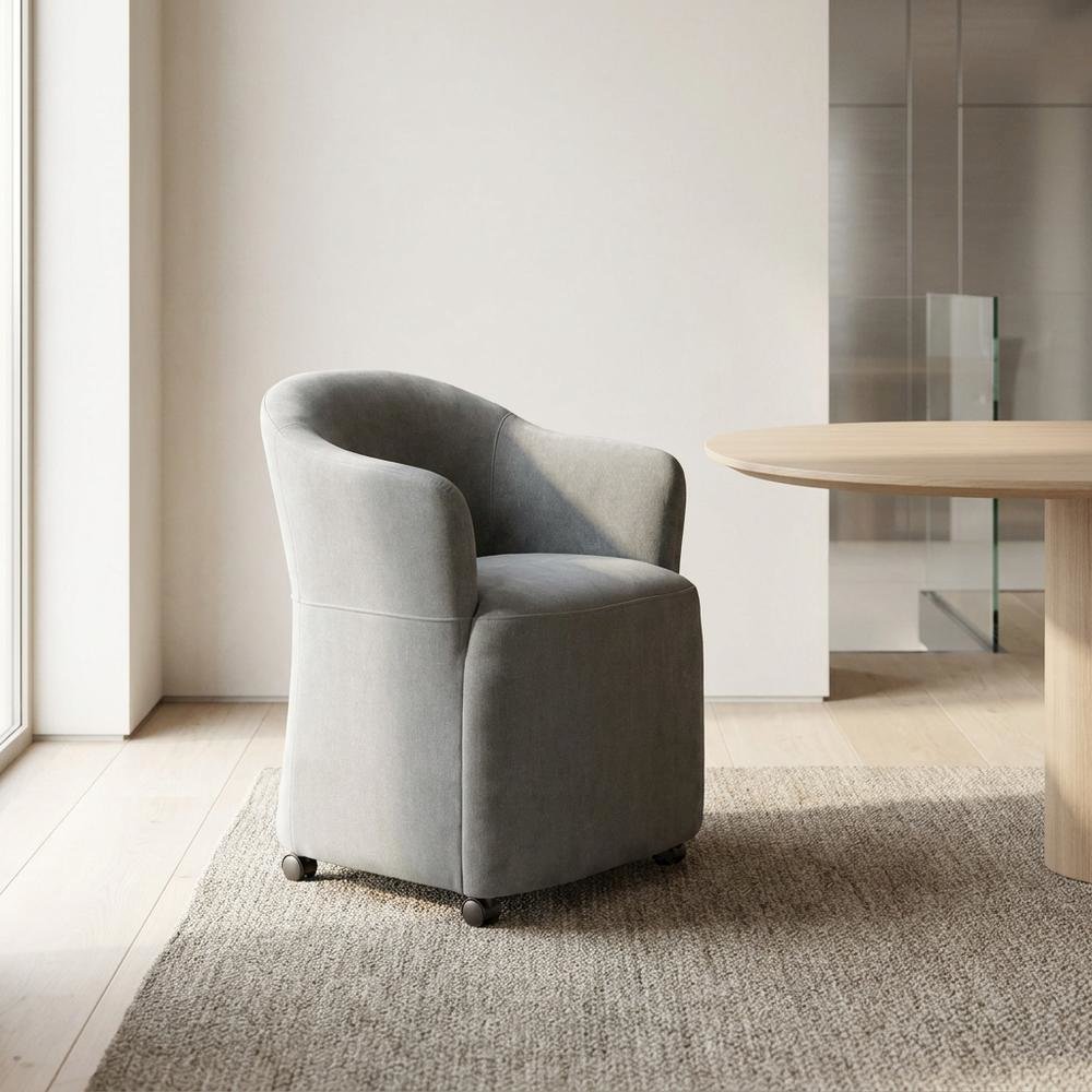 Solid Wood Upholstered Accent Dining Chair with Castors, Eclectic Style, Gray