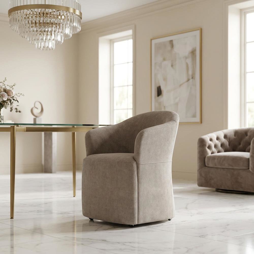 Solid Wood Upholstered Accent Dining Chair with Castors, Eclectic Style, Brown