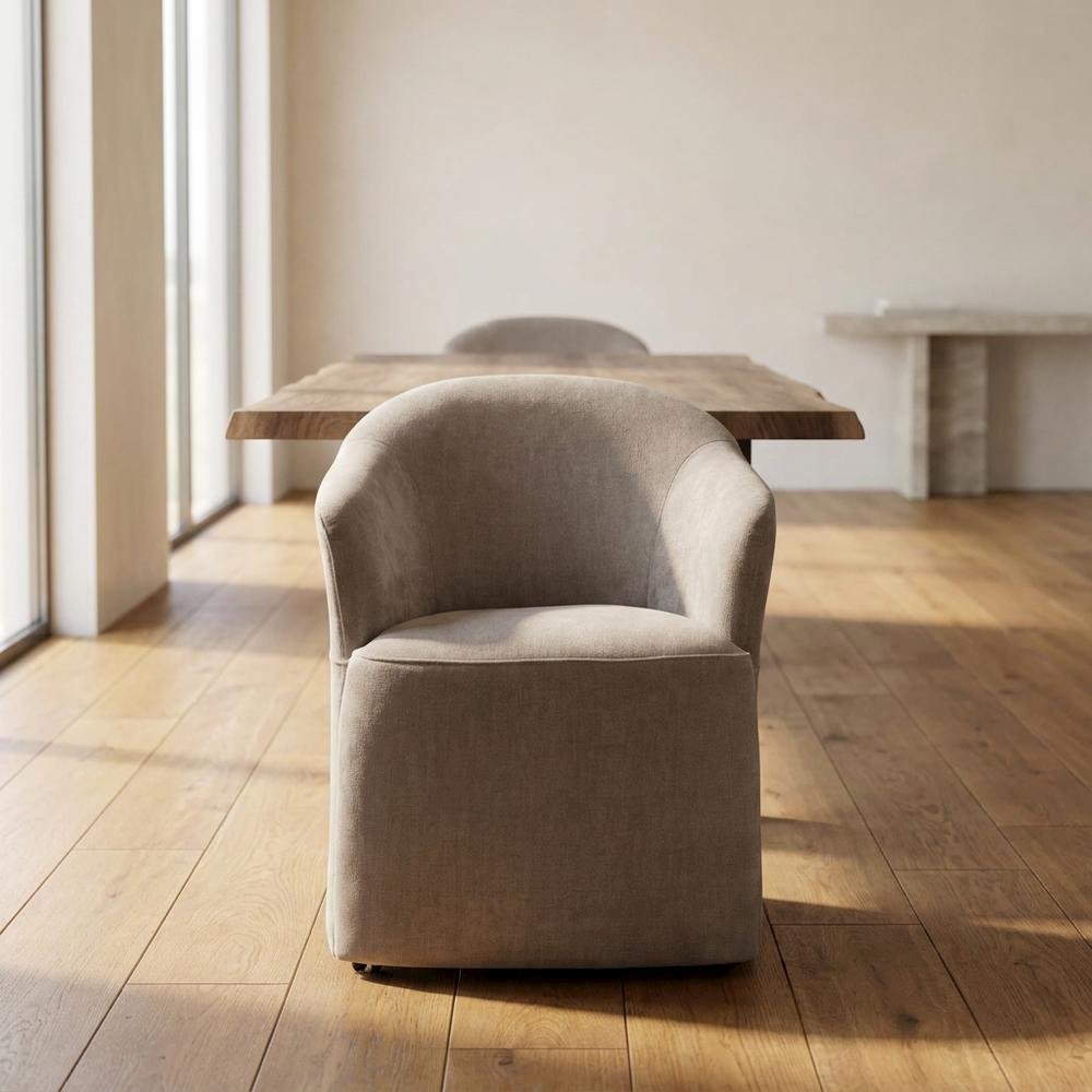 Solid Wood Upholstered Accent Dining Chair with Castors, Eclectic Style, Brown