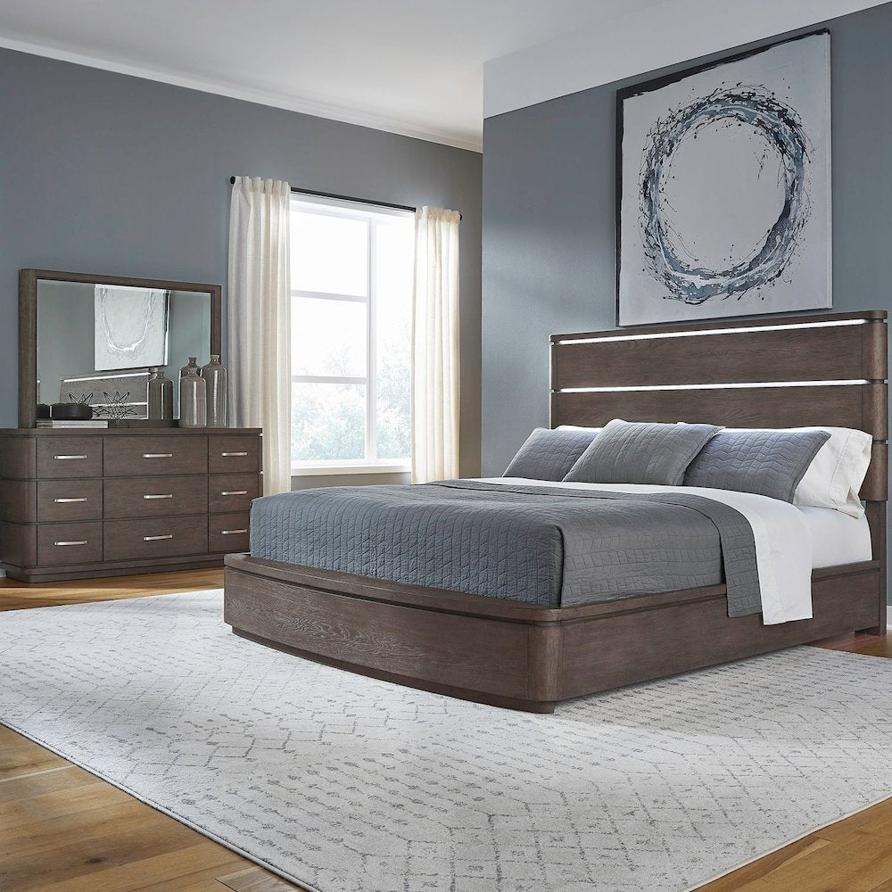 California King Panel Bed LED Touch Light, Dresser & Mirror  - Satin Espresso