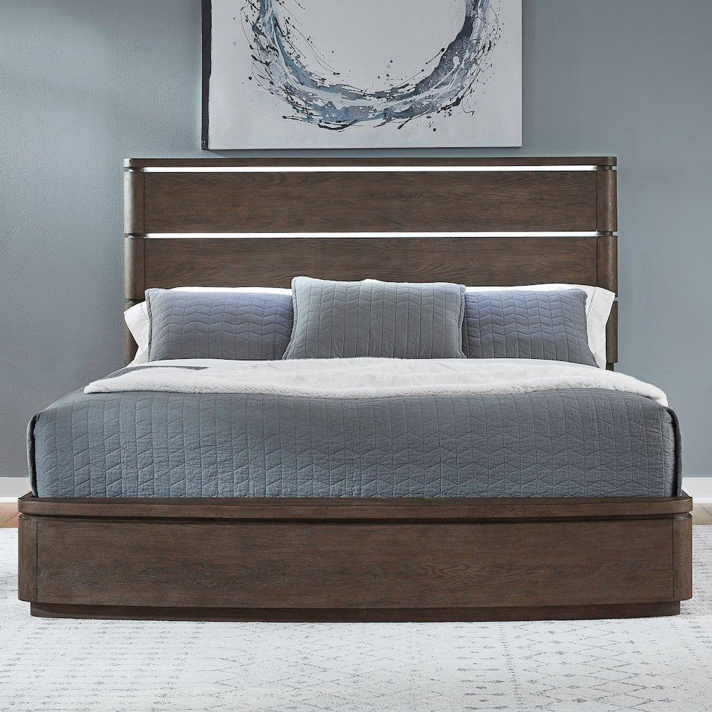 California King Panel Bed with LED Touch Light - Satin Espresso Oak