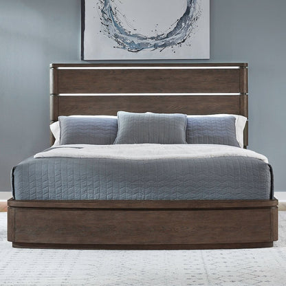 California King Panel Bed with LED Touch Light - Satin Espresso Oak