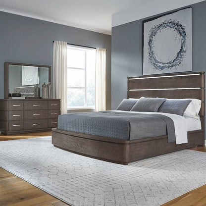 King Panel Bed with LED Touch Light, Dresser & Mirror  - Satin Espresso