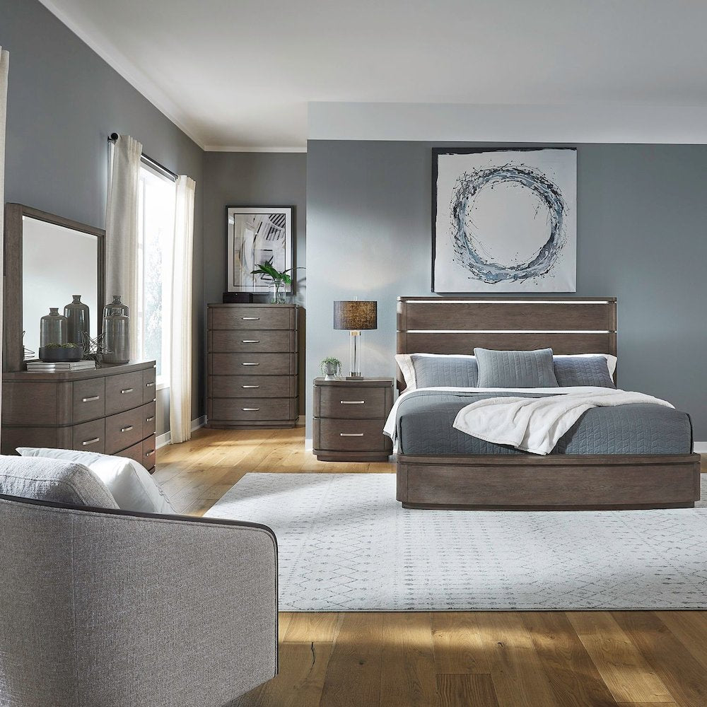 Queen Panel Bed with LED Touch Light, Dresser & Mirror, Chest, Night Stand