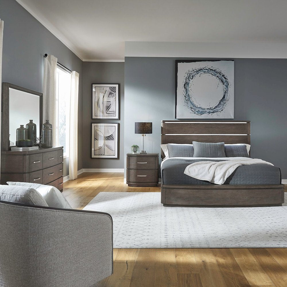 Queen Panel Bed with LED Touch Light, Dresser & Mirror, Night Stand