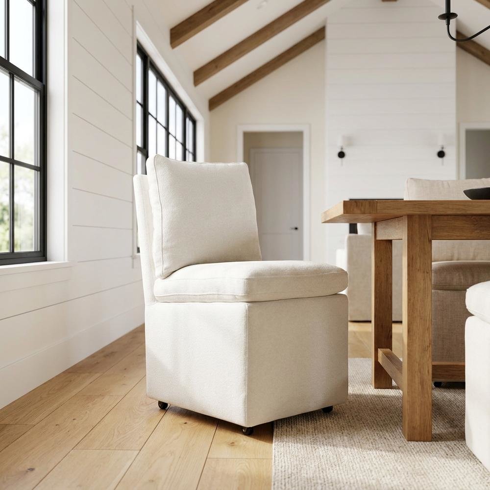 Solid Wood Upholstered Accent Dining Chair with Castors, Eclectic Style, White