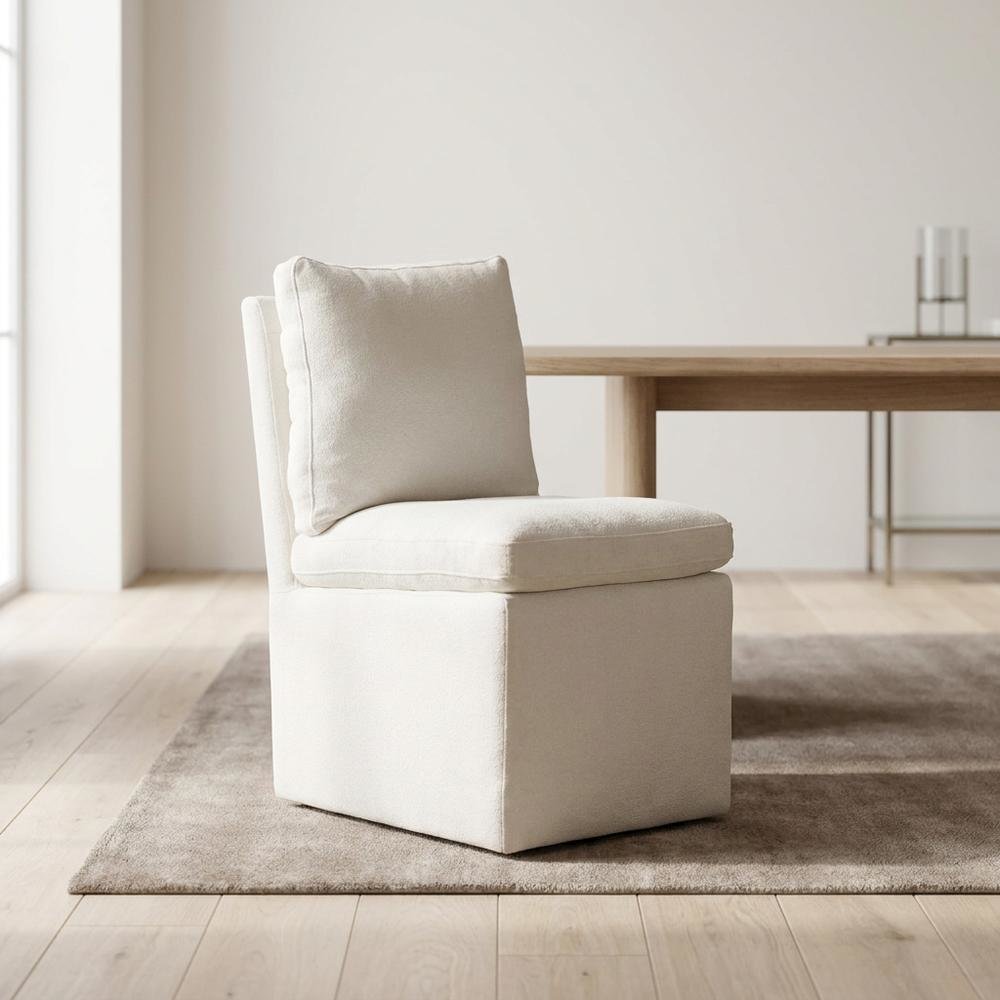 Solid Wood Upholstered Accent Dining Chair with Castors, Eclectic Style, White