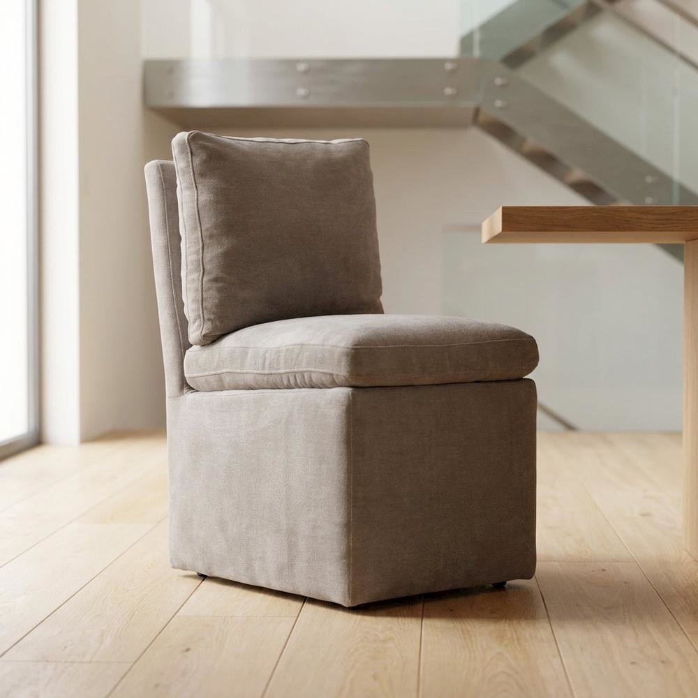 Solid Wood Upholstered Accent Dining Chair with Castors, Eclectic Style, Brown