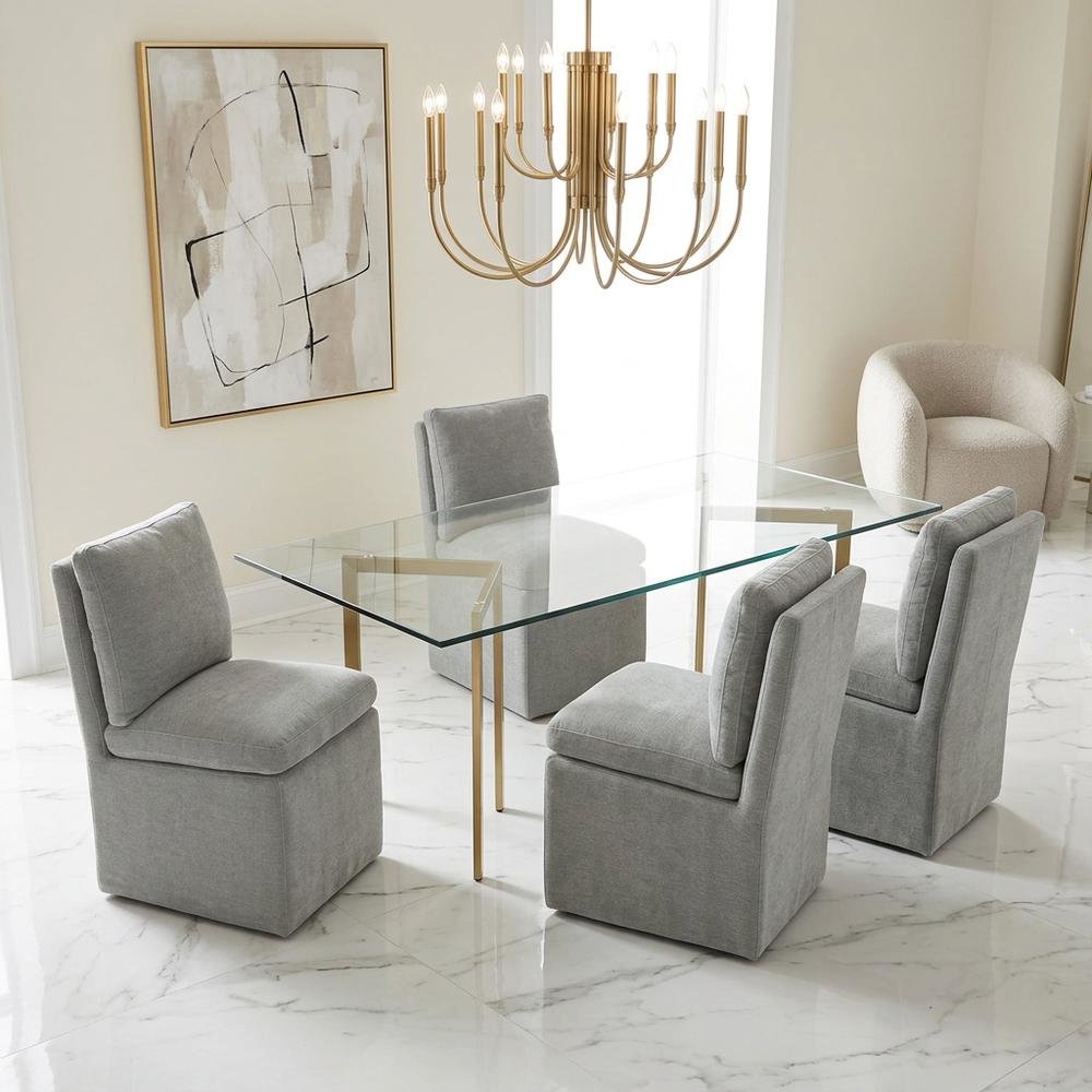Solid Wood Upholstered Accent Dining Chair with Castors, Eclectic Style, Gray
