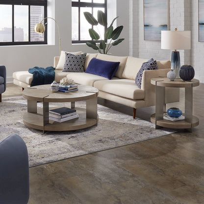 3 Piece Set - Round Cocktail Table, 2 End Tables - Sandstone & Satin Nickel