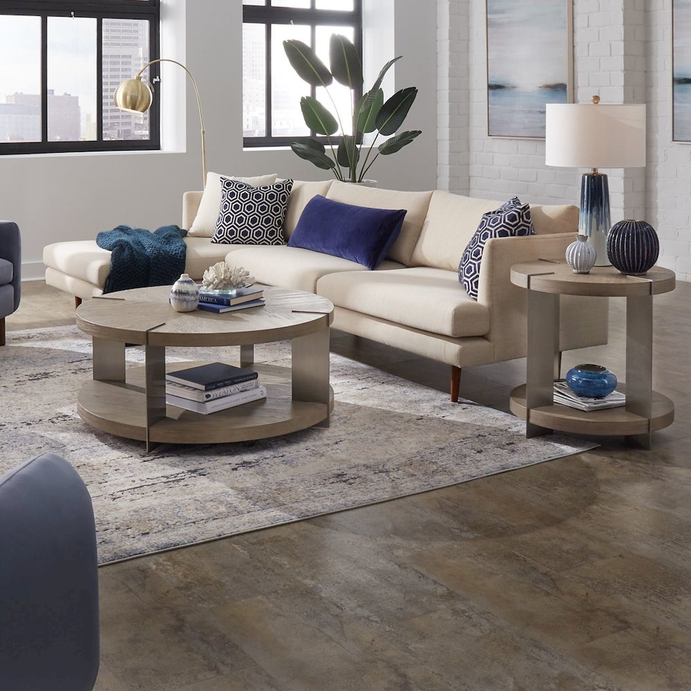 3 Piece Set - Round Cocktail Table, 2 End Tables - Sandstone & Satin Nickel