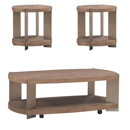 3 Piece Set - Oval Cocktail Table, 2 End Tables - Sandstone & Satin Nickel