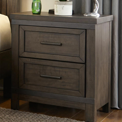 Thornwood Hills 2 Drawer Night Stand in Rock Beaten Brown w/ Saw Cuts