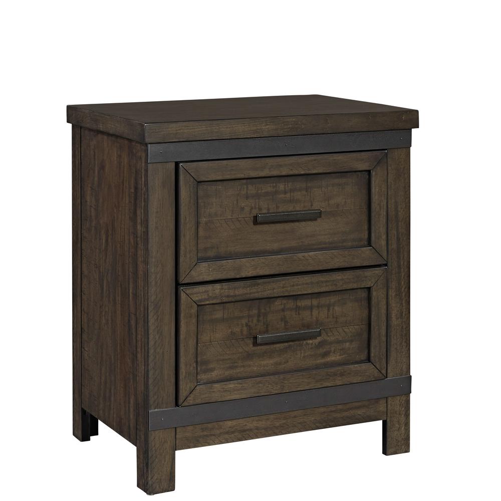 Thornwood Hills 2 Drawer Night Stand in Rock Beaten Brown w/ Saw Cuts