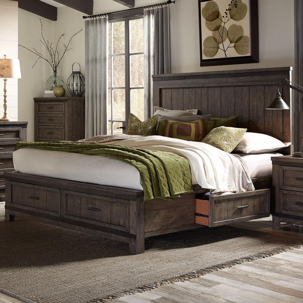 Thornwood Hills King Two Sided Storage Bed in Rock Beaten Brown w/ Saw Cuts
