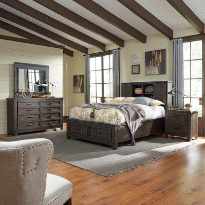King Bookcase Bed, Dresser & Mirror, Night Stand - Rock Beaten Brown w/ Saw Cuts