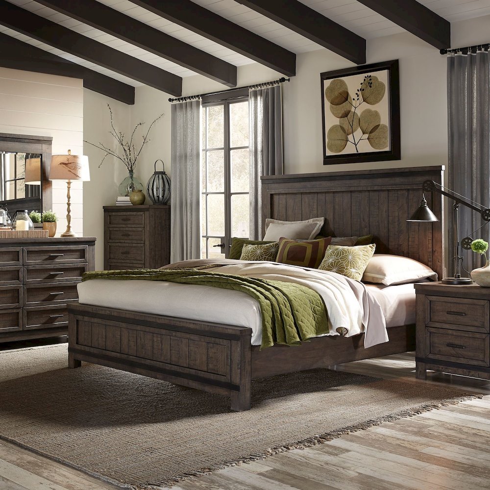 Thornwood Hills King Panel Bed, Dresser & Mirror - Rock Beaten Brown w/ Saw Cuts