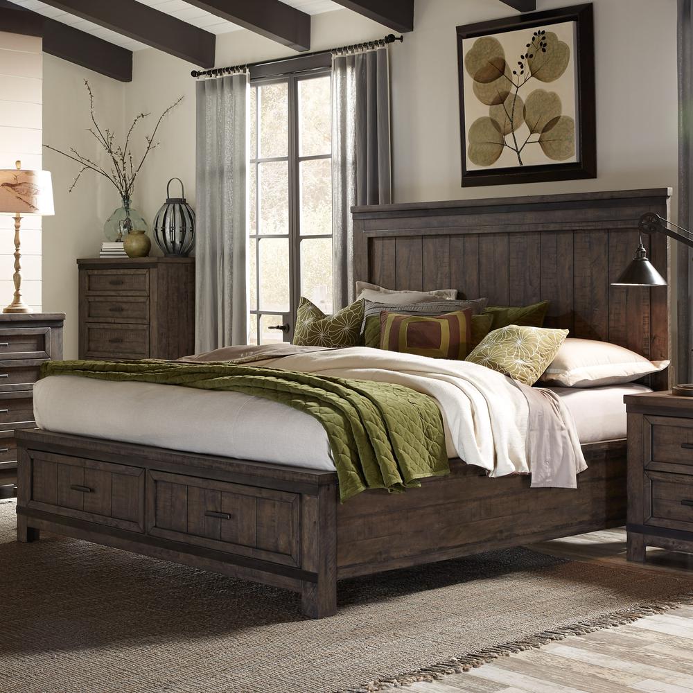 Thornwood Hills Queen Storage Bed in Rock Beaten Brown w/ Saw Cuts