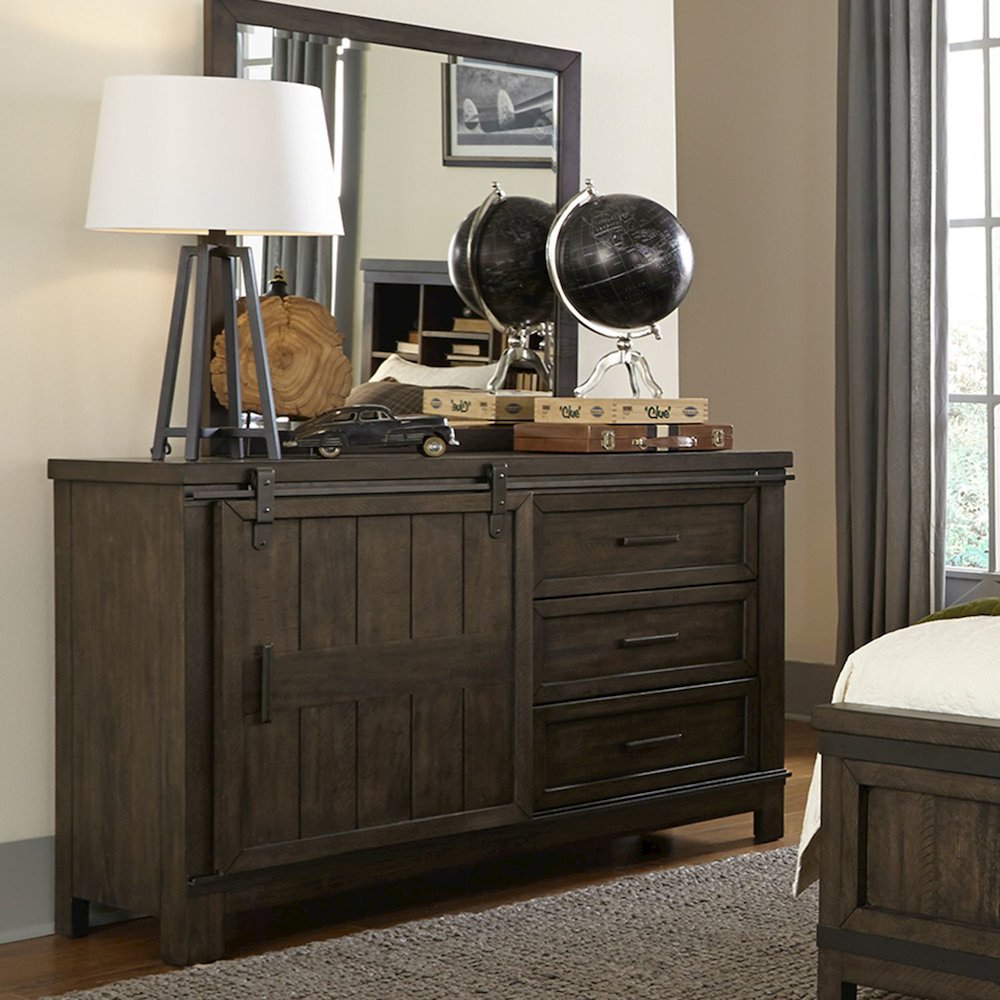 Full Bookcase Bed, Dresser & Mirror in Rubberwood Solids and Mango Veneers