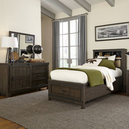 Full Bookcase Bed, Dresser & Mirror in Rubberwood Solids and Mango Veneers