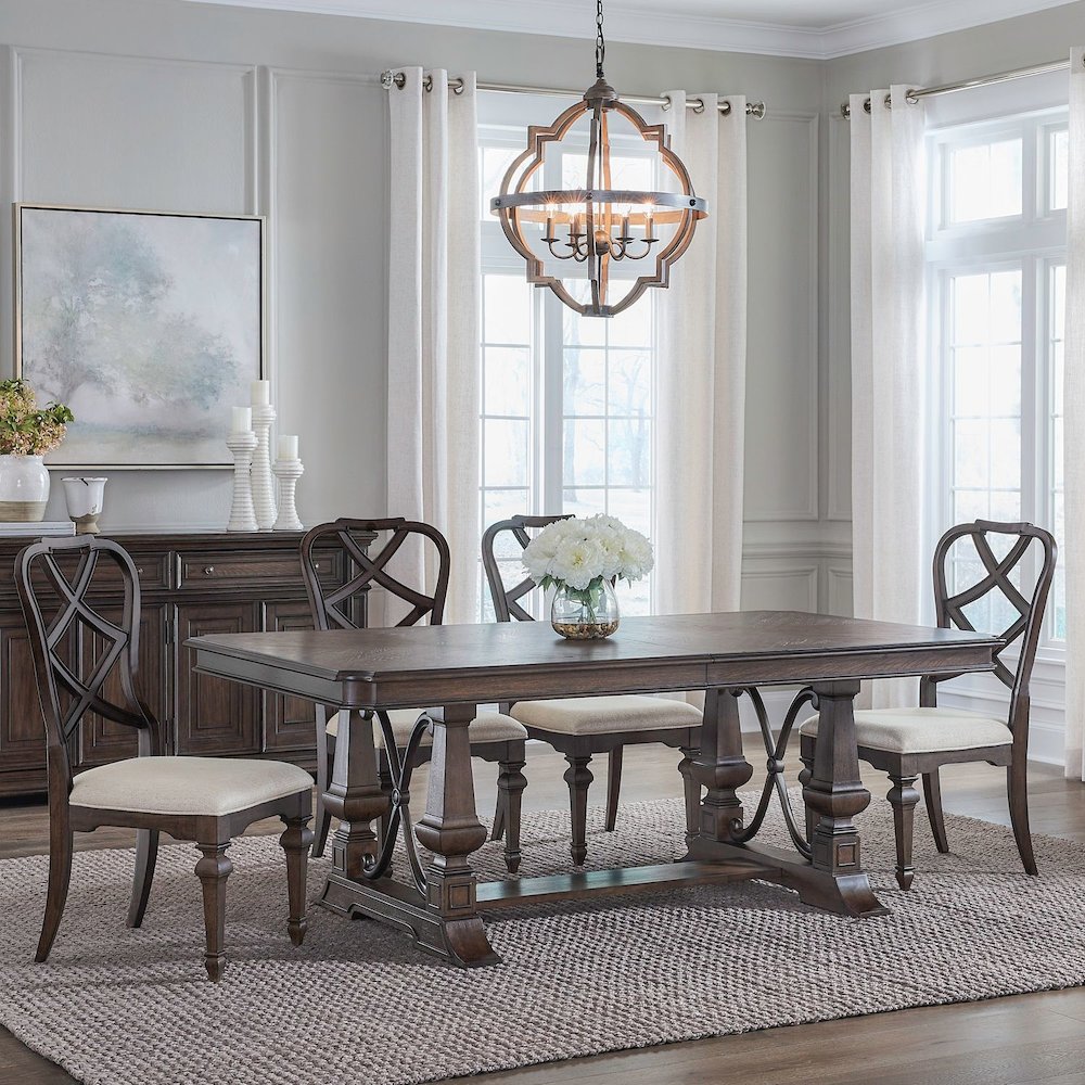 Providence Park 5 Piece Trestle Table Set with 4 Wood Back Chairs -Chateau Brown